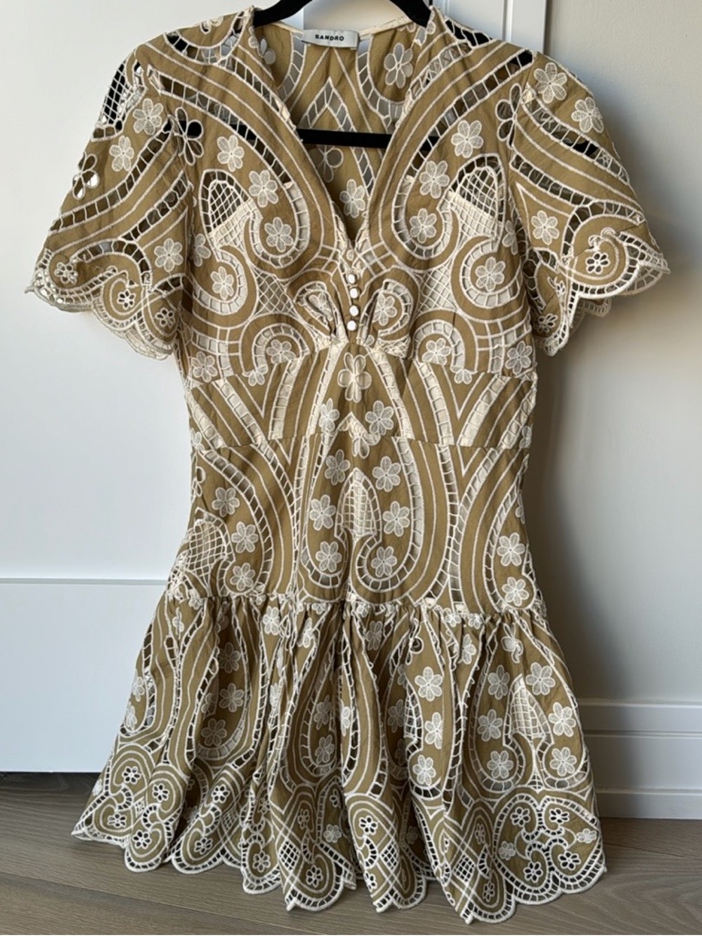 Sandro Beige Dress with White Embroidered Lace